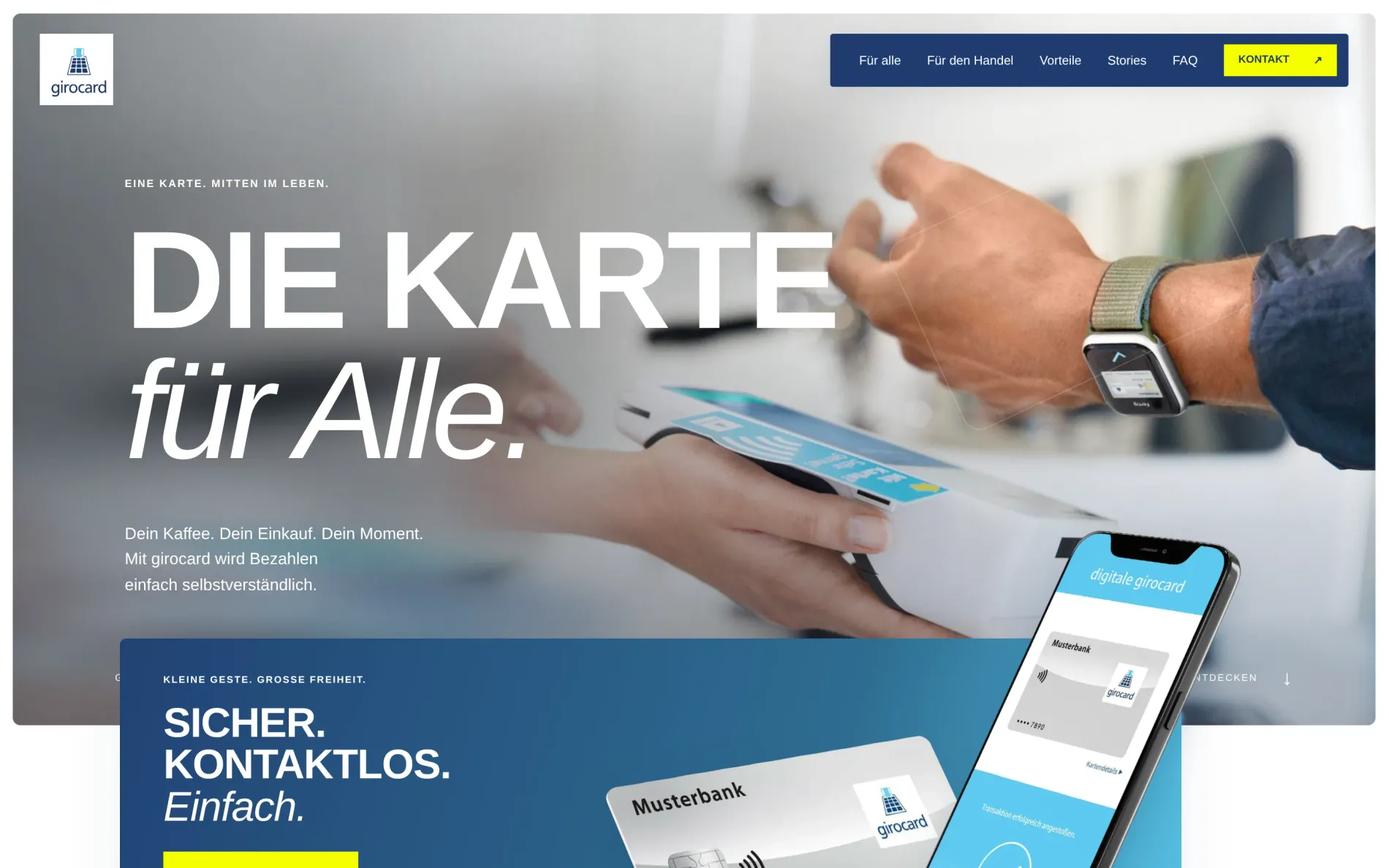 Website girocard · Impuls, Studio-Fassung von Drela: erster Bildschirm mit „Die Karte für Alle.“