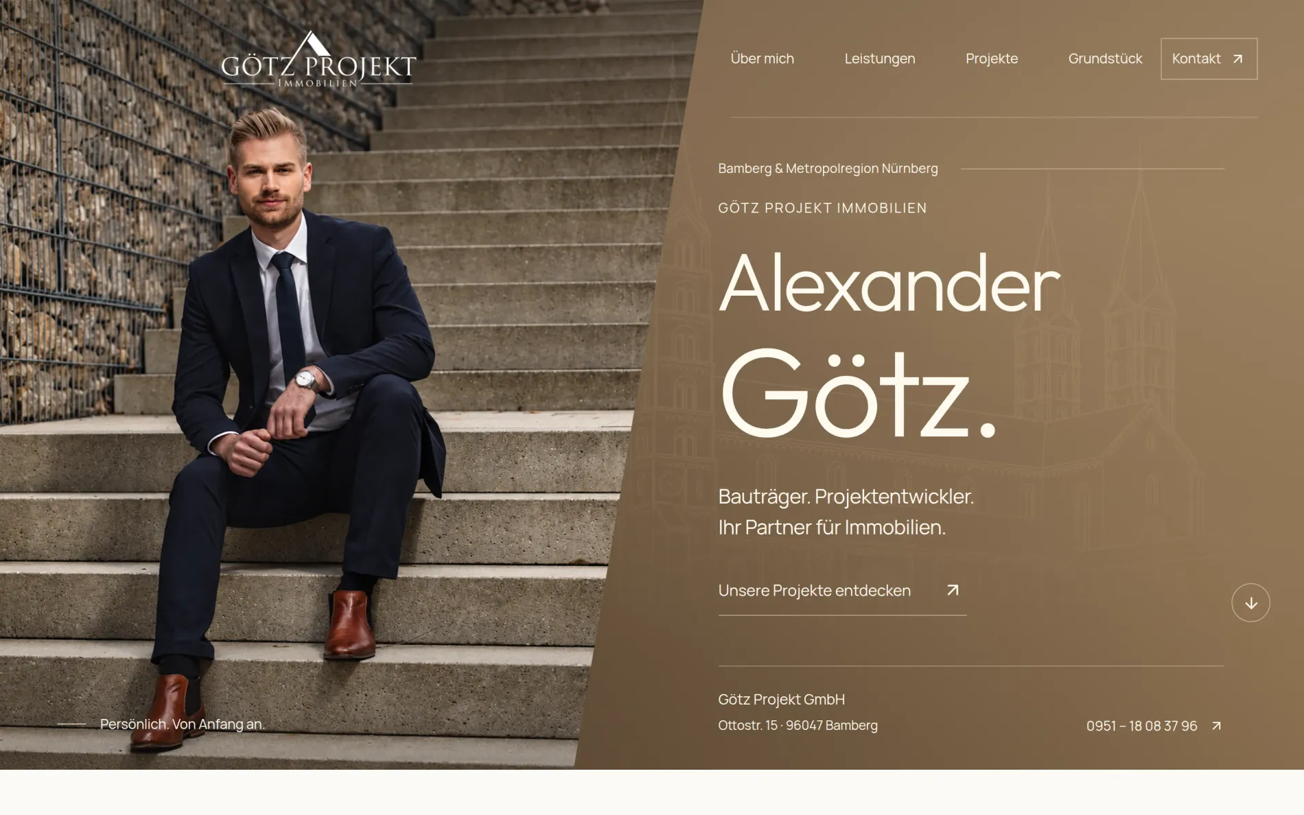 Website Götz Projekt, Studio-Fassung von Drela: erster Bildschirm mit „Alexander Götz.“