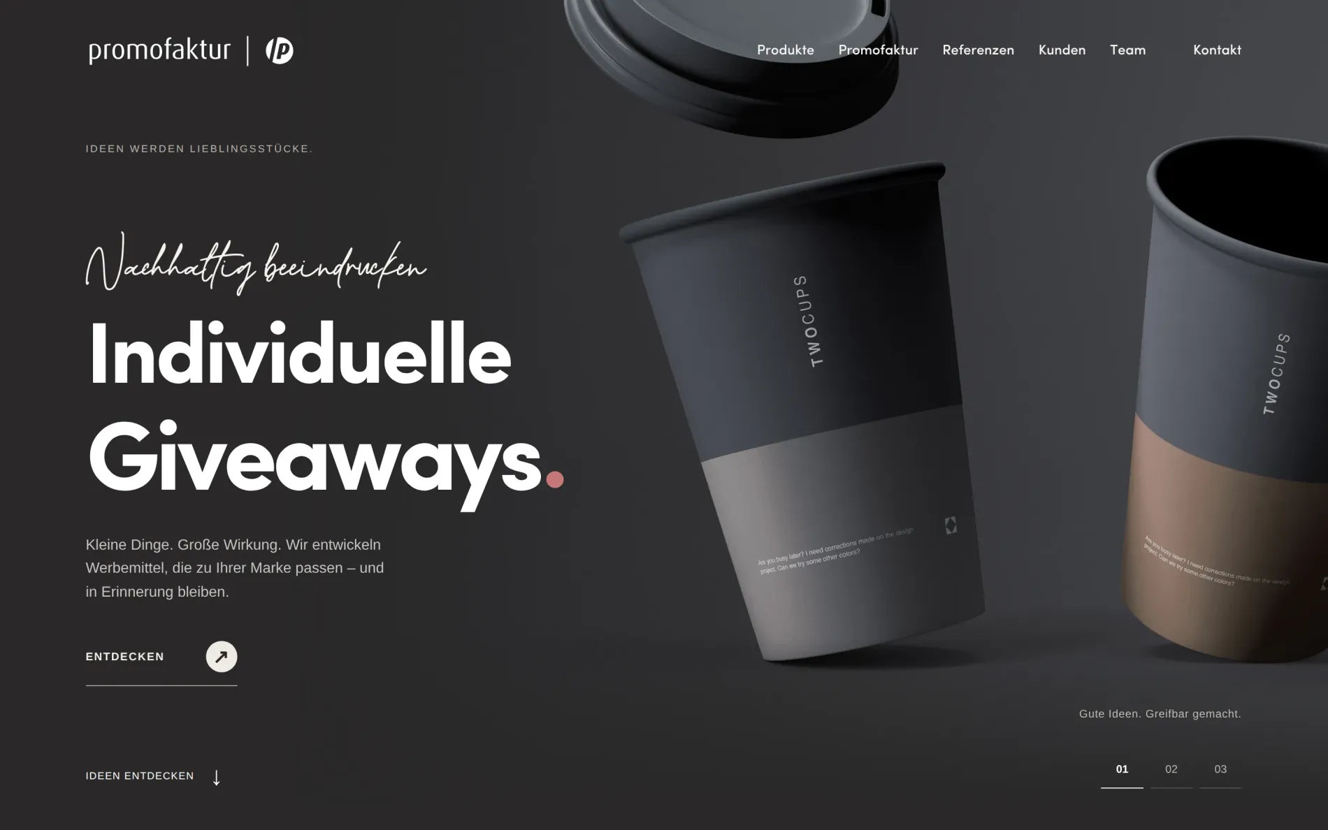 Website Promofaktur · Dunkel, Studio-Fassung von Drela: erster Bildschirm mit „Nachhaltig beeindrucken. Individuelle Giveaways.“